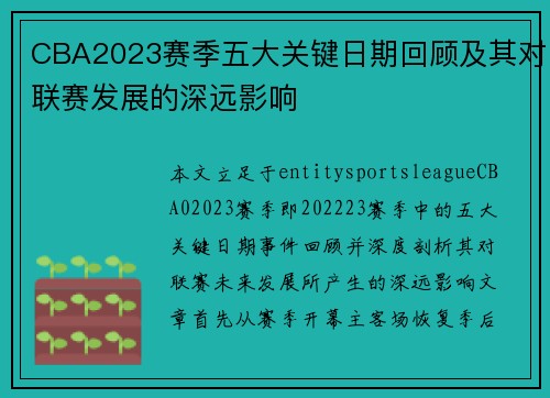CBA2023赛季五大关键日期回顾及其对联赛发展的深远影响