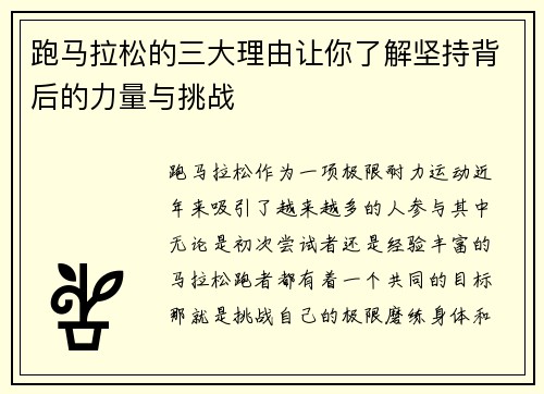 跑马拉松的三大理由让你了解坚持背后的力量与挑战